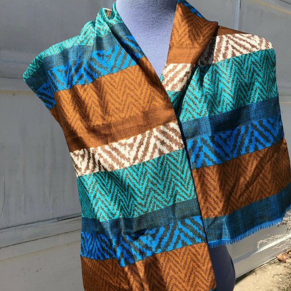 Blue & Tan Stripe Print Scarf Vintage Jean Pierre Robin Hair Bow Tie Headband - Picture 3 of 6